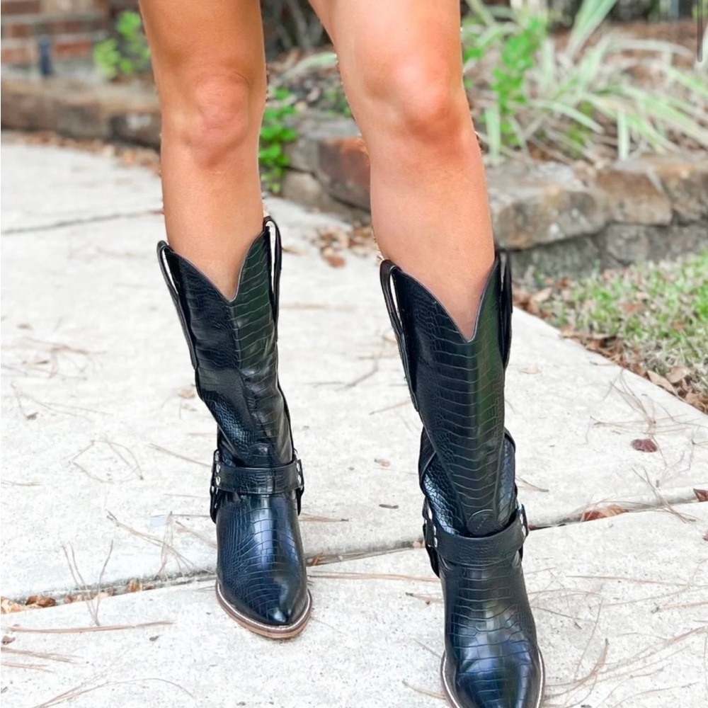 Black Crocodile-Embossed Cowboy Boots
